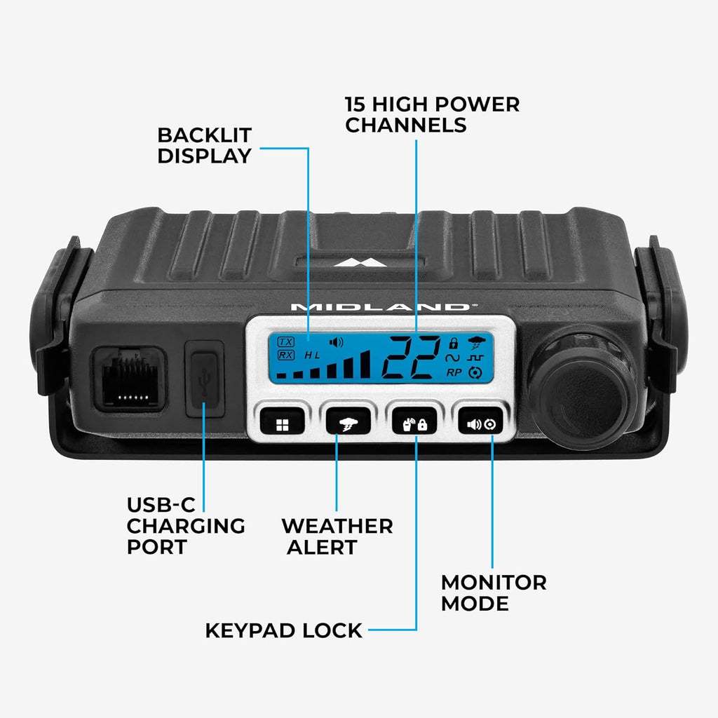 Midland – MXT115 - 15 Watt GMRS MicroMobile Two Way Trails Radio - Off Roading Outdoor RZR Farm - 8 Repeater Channels Extended Range - External Magnetic Mount Antenna - NOAA Weather Alerts