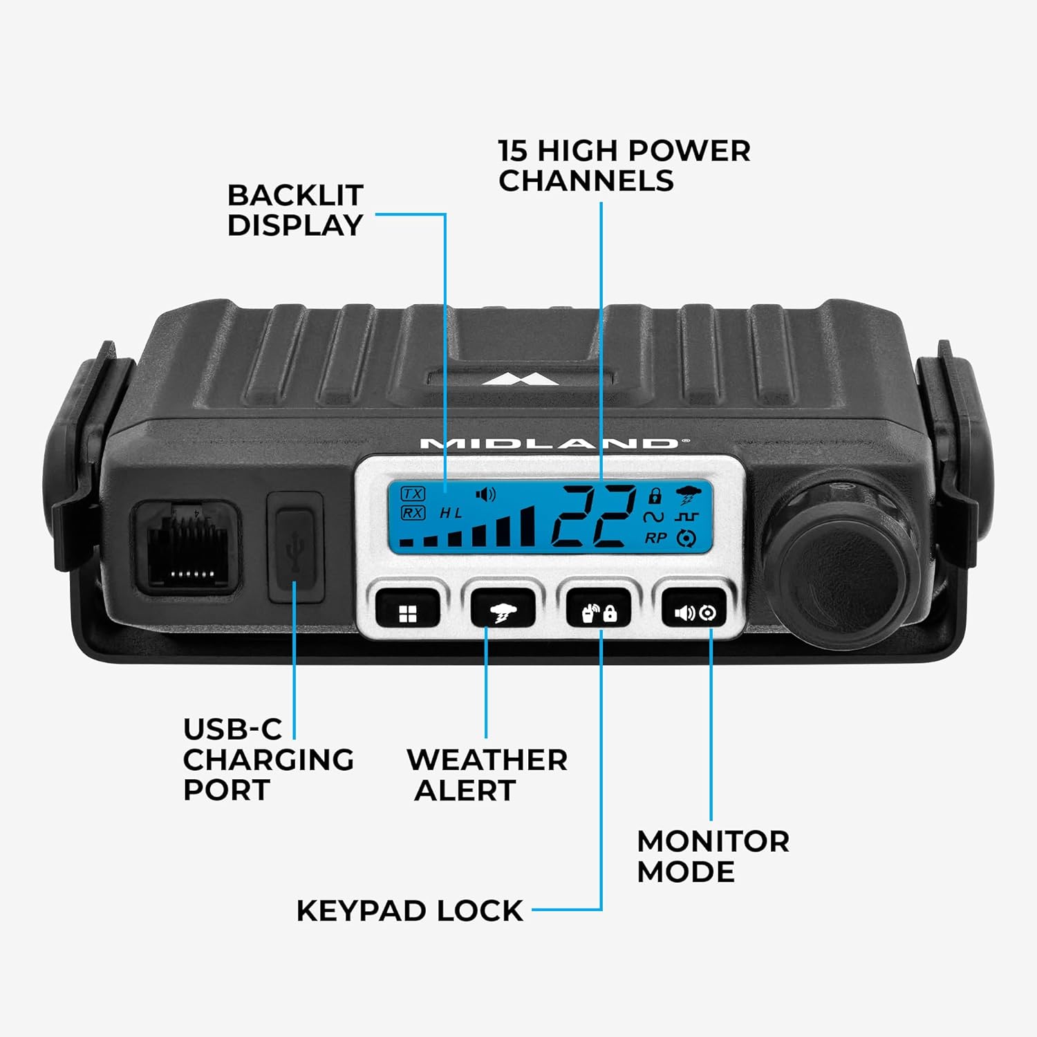 Midland® – MXT115VP3-15 Watt GMRS MicroMobile® Two-Way Radio - Off Roading Outdoor Farm - Extended 3dB gain Universal Lip Mount Antenna Dustproof Noise-Canceling Microphone - 8 Repeater Channels