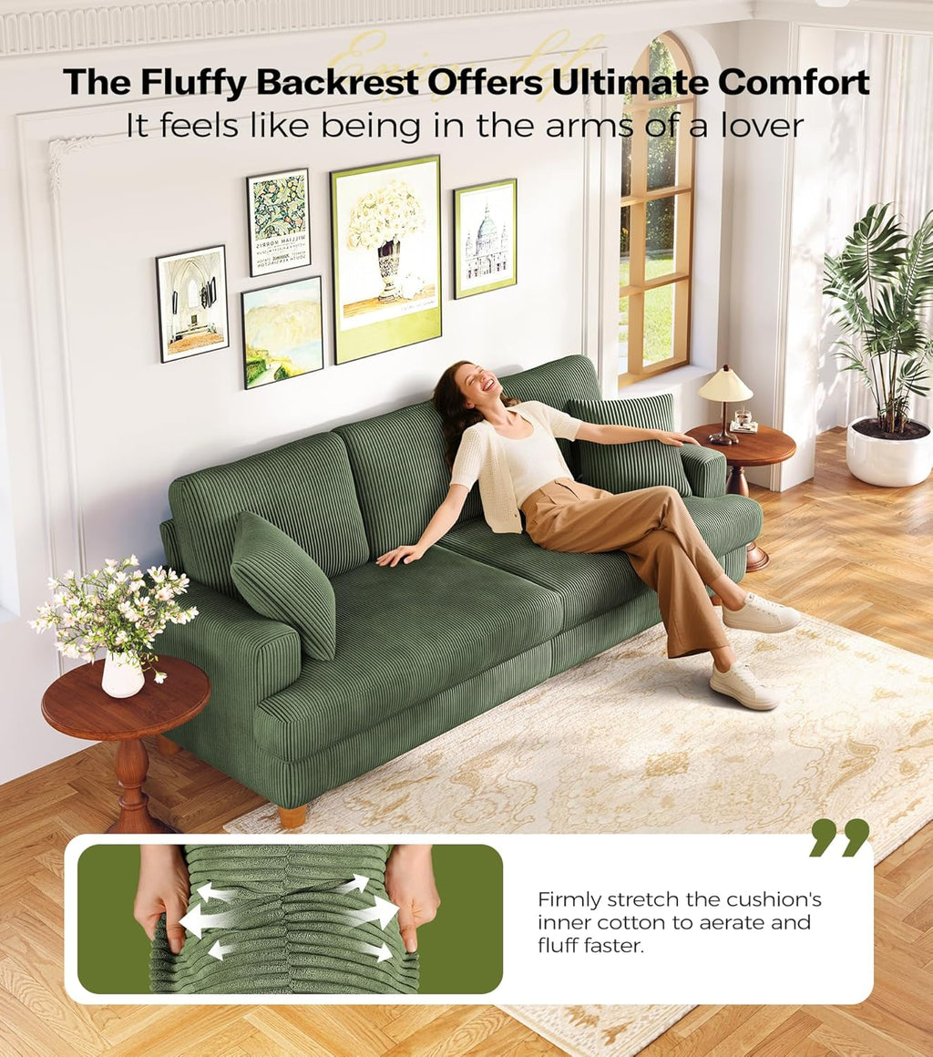 87in Corduroy Couch, Kidirect Sofa No Tool Assembly, Comfy Couches for Living Room 21in Deeper Seats, Corduroy Sofas for Living Room with 2 Pillows, Oversized Loveseat Sofa, Boho Love Seat Green Couch