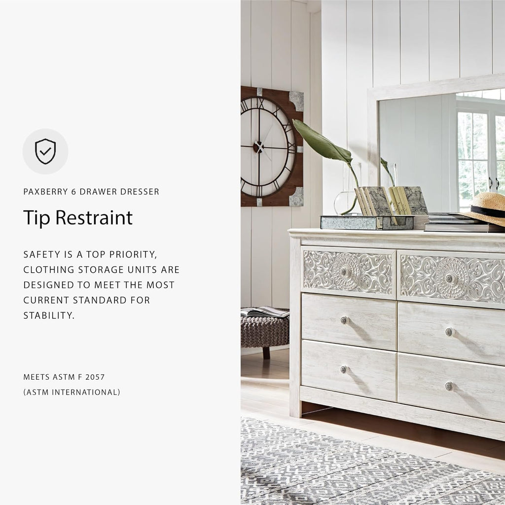 Signature Design by Ashley Paxberry Boho 6 Drawer Dresser, Smooth-gliding Faux Laminate Lined Drawers, Wood, 61.26" W x 15.83" D x 40" H, Whitewash