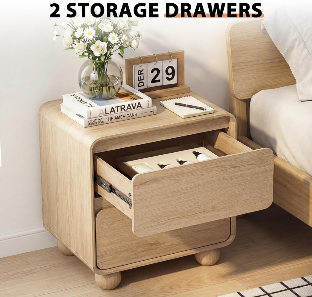 Small Night Stand Set of 2, Mid Century Modern Nightstands with 2 Drawers and Solid Wood Legs, 2 Drawer Dresser Curved Profile Design End Table Side Table for Small Space, Dorm, Bedroom(Natural)