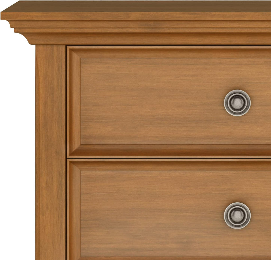 SIMPLIHOME Amherst Bedside Table - 24 inch Wide Solid Wood Nightstand in Light Golden Brown, Transitional Bedroom Side or End Table with 2 Drawers, Open Storage Shelf and Bronze Hardware