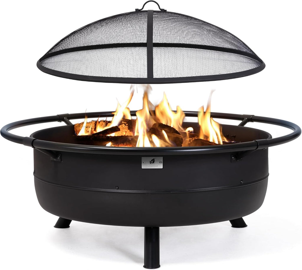 SUNCREAT 42" Outdoor Portable Fire Pit with Spark Screen, Fire Poker, Wood Burning Patio Fire Pits with Protective Ring, Black