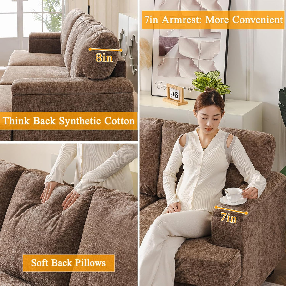 85'' L Shaped Couch with Armrest Organizer,Comfy 3 Seats Sofa with Thick Cushion,Chenille Sectional Couches for Living Room,Bedroom,Apartment,Sofa Set with Oversized Chair,Home Furniture,Brown
