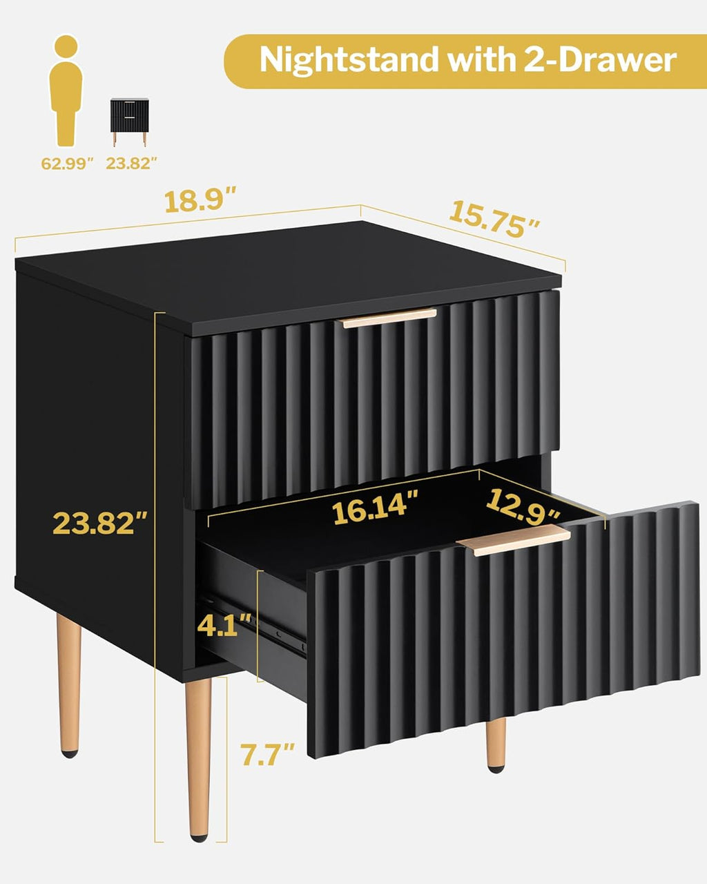 SICOTAS Black Night Stand Set 2, Fluted Glossy Nightstand with 2 Drawers, Wide Modern Storage Bedside Table for Bedroom, End Side Table with Golden Metal Legs and Handles (Black, 1 Piece)