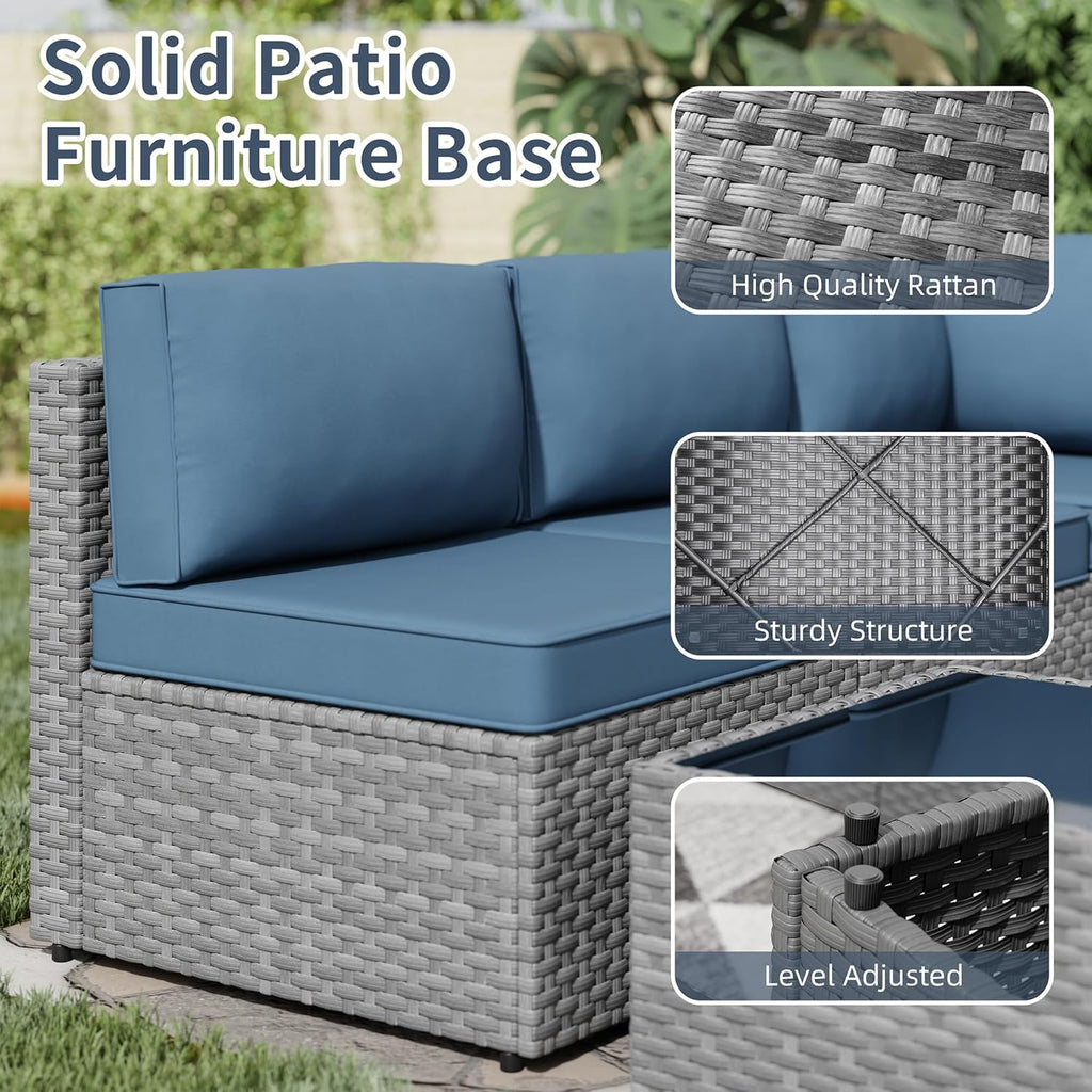 SUNLEI 5 Piece Outdoor Patio Furniture Set with Fire Pit Table, Silver PE Rattan Wicker Conversation Sofa Set with Blue Cushions, All Weather Sectional Patio Couch for Backyard, Deck, Garden, Porch