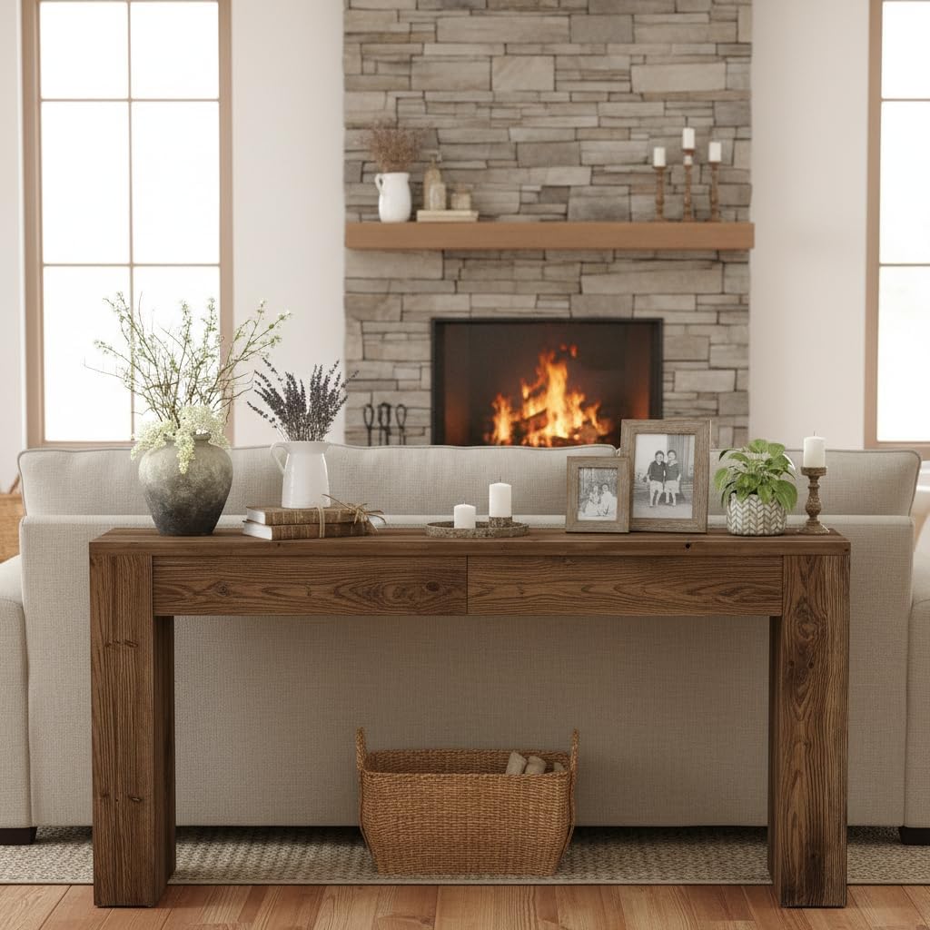 LITTLE TREE Solid Wood 63 Inches Console Table with 2 Drawers, Vintage Brown Sofa Table Behind Couch for Living Room, Long Hallway Foyer Entryway Table for Entrance