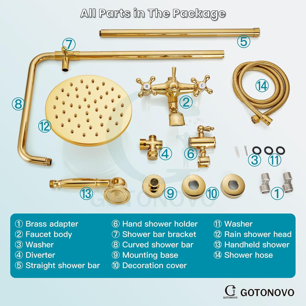 gotonovo Exposed Shower Faucet Set 8 Inch Rainfall Showerhead 3-Function Shower Fixture with Tub Spout 2 Corss Handles Shower System, Polish Gold
