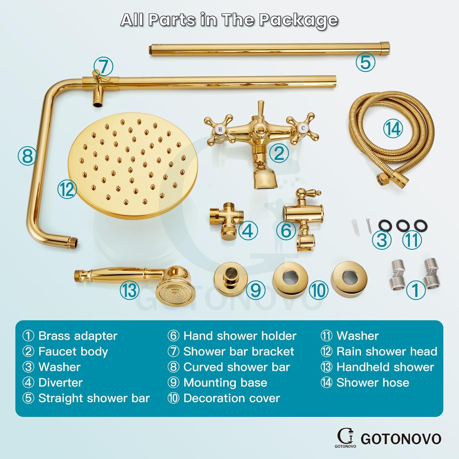 gotonovo Exposed Shower Faucet Set 8 Inch Rainfall Showerhead 3-Function Shower Fixture with Tub Spout 2 Corss Handles Shower System, Polish Gold