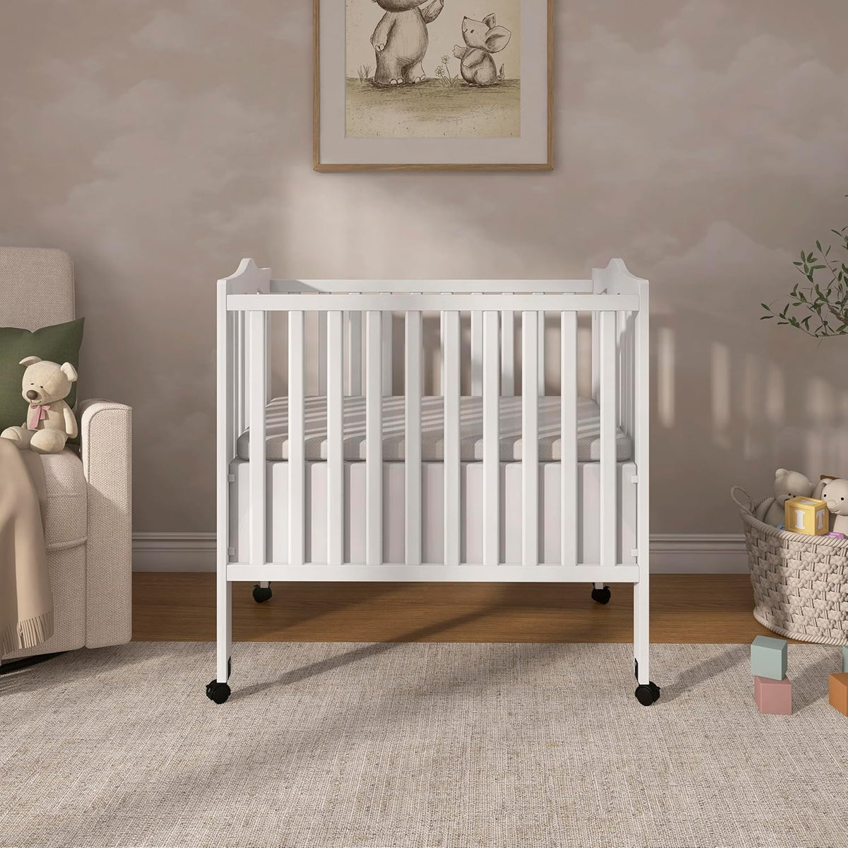 Dream On Me 2-In-1 Lightweight Folding Portable Stationary Side Crib In White, Greenguard Gold Certified, Baby Crib To Playpen, Folds Flat For Storage, Locking Wheels