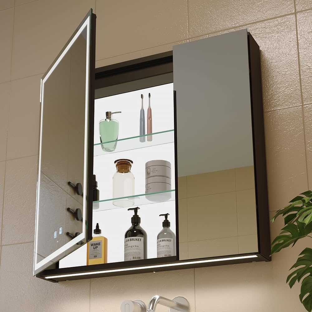 KWW LED Lighted Bathroom Medicine Cabinet with Backlit Panel, Sockets & USBs. Anti-Fog, Dimmable, 3 Color Light Makeup Mirror, Easy to Install, Wall Mounted (Inner Glow-2 door-30 * 28)