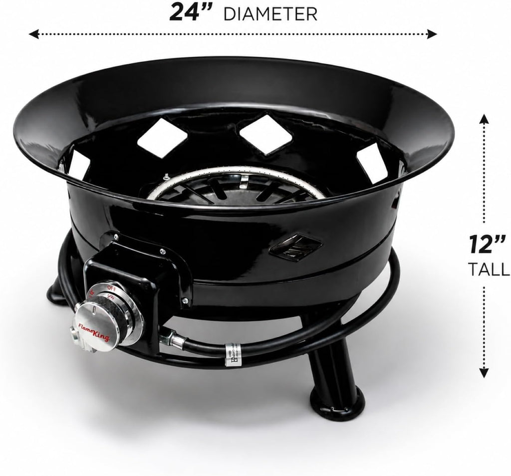 Flame King Smokeless Propane Fire Pit, 24-inch Portable Firebowl, 58K BTU with Self Igniter, Cover, & Carry Straps for RV, Camping, & Outdoor Living
