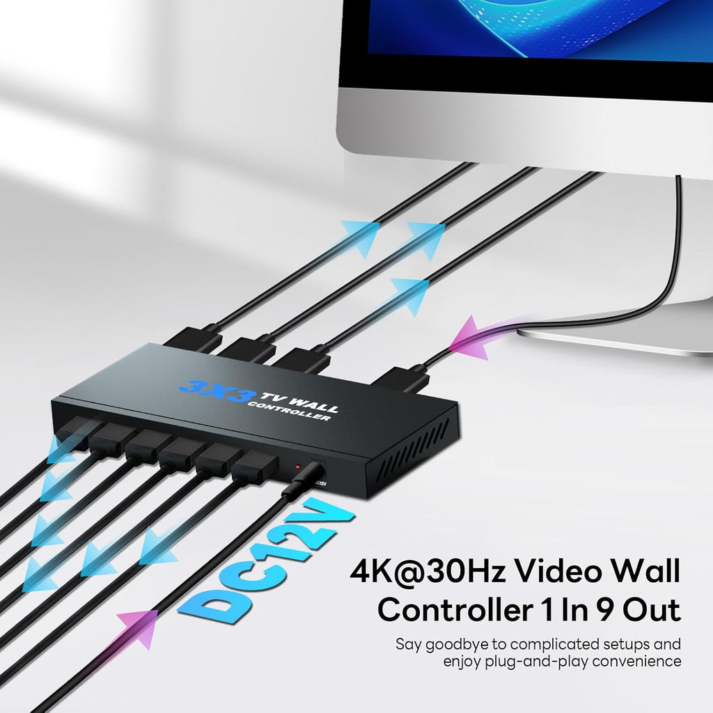Video Wall Controller, TV Wall Processor 3x3 4K Input & 1080P HDMI Output for 9 TV Splicing Display, 180 Degree Rotate, 14 Splicing Modes 3x3 3x2 2x2 3x1 1x4 2x3 4x2 2x4
