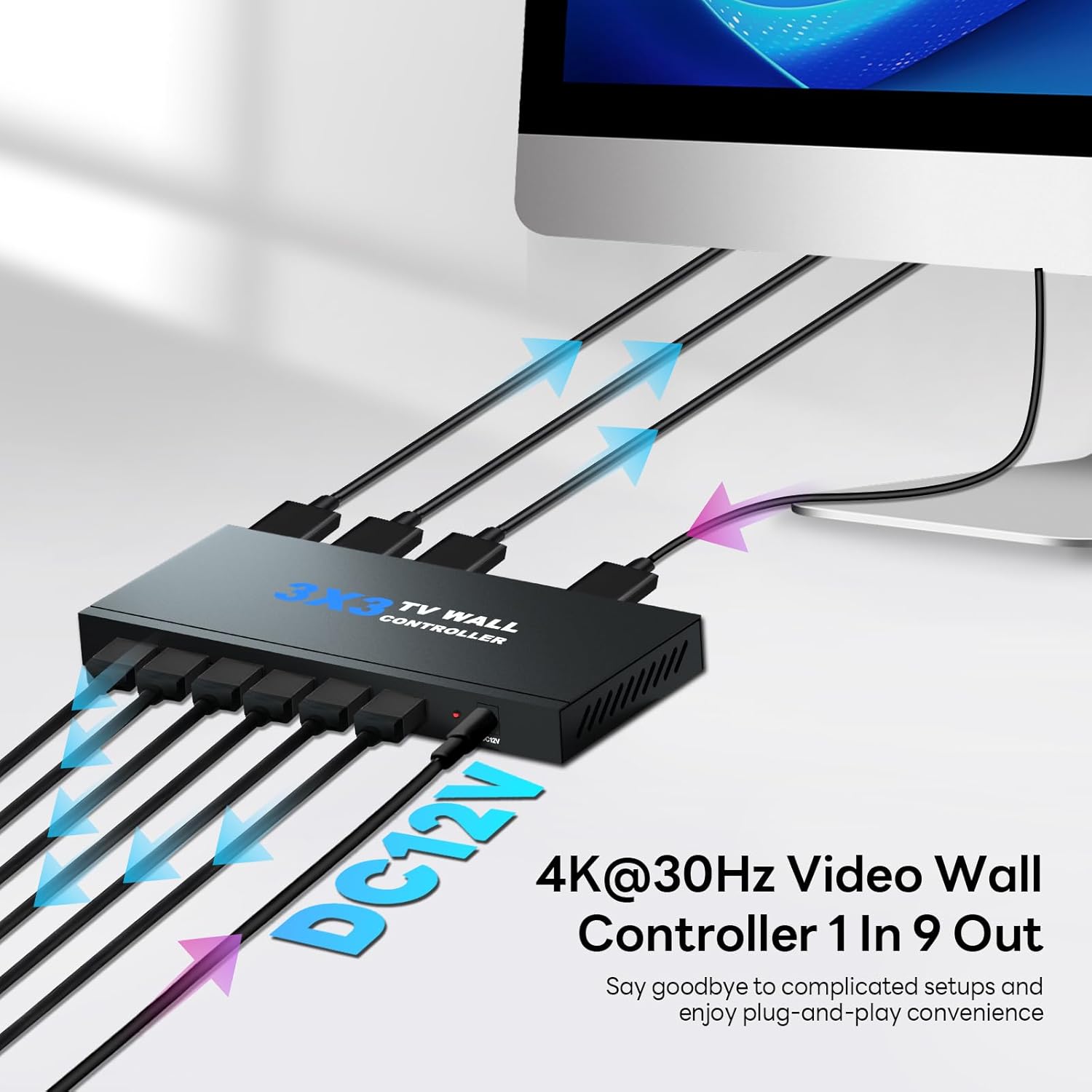 Video Wall Controller, TV Wall Processor 3x3 4K Input & 1080P HDMI Output for 9 TV Splicing Display, 180 Degree Rotate, 14 Splicing Modes 3x3 3x2 2x2 3x1 1x4 2x3 4x2 2x4