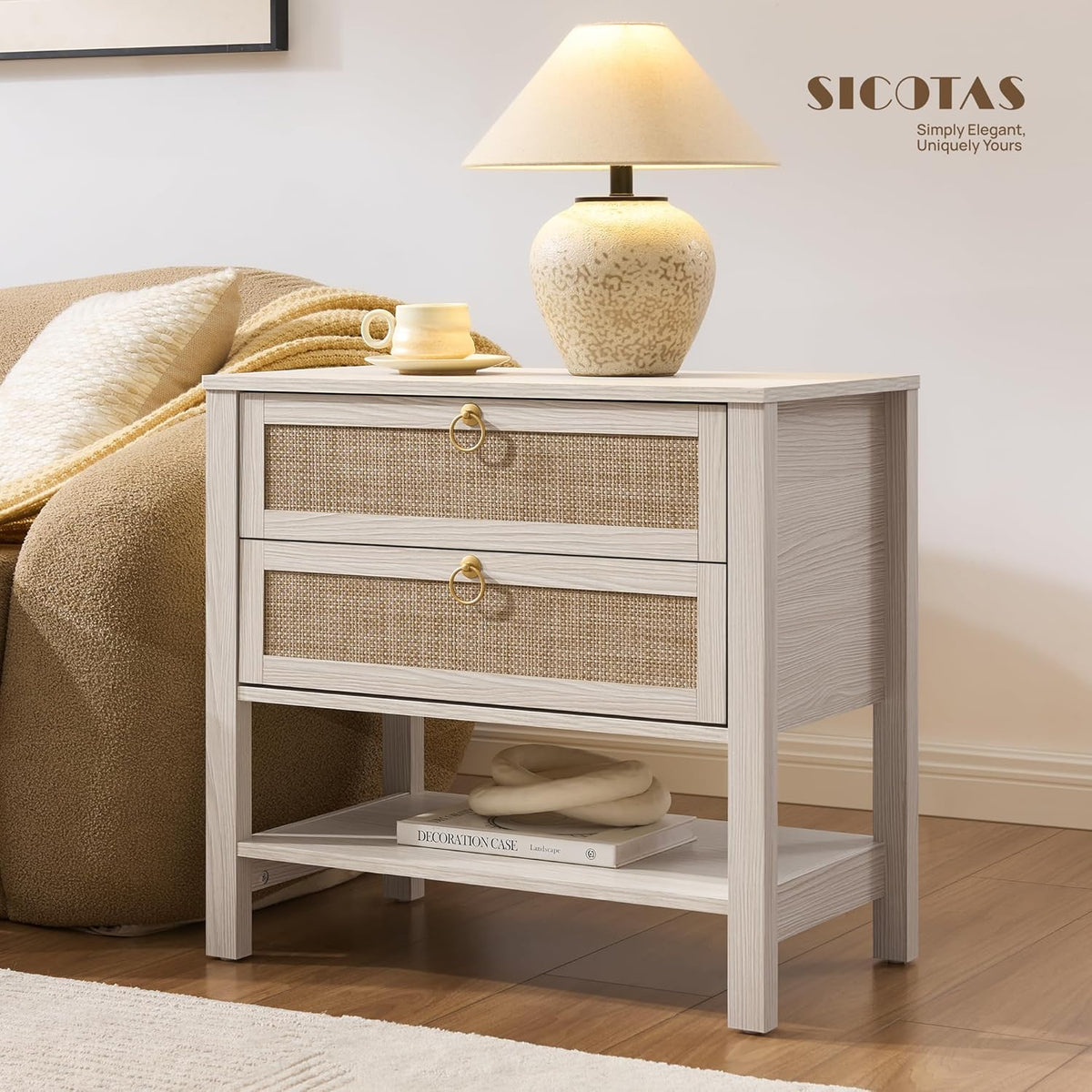 SICOTAS 26.7" Wide Boho Rattan Nightstand, White Oak Bedside Table with 2 Drawers & Open Shelf, Large Side Table for King Size Bed, Modern Coastal Accent Table for Bedroom