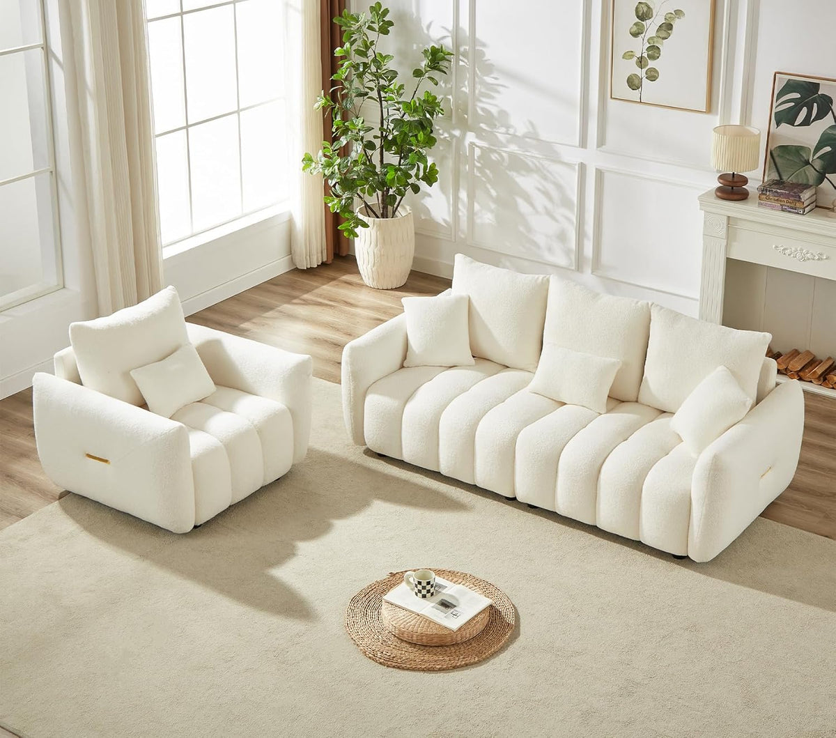 Antetek Set of 3 Teddy Sofa for Living Room, Modern 2 Units Deep Seat Sofa Chairs and an Oversized 3-Seater Cloud Boucle Couch for Bedroom, Office, Apartment, Furniture Set, Beige (3 Pieces)