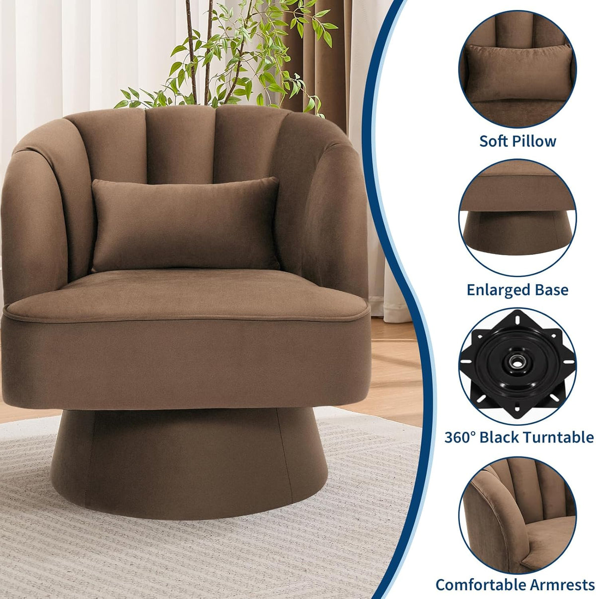 GarveeHome Modern Swivel Barrel Accent Chair, 360 Degree Velvet Upholstered Armchair with Striped Backrest & Plush Padding, Comfy Round Lounge Chair for Living Room, Bedroom, Reading Nook, Brown