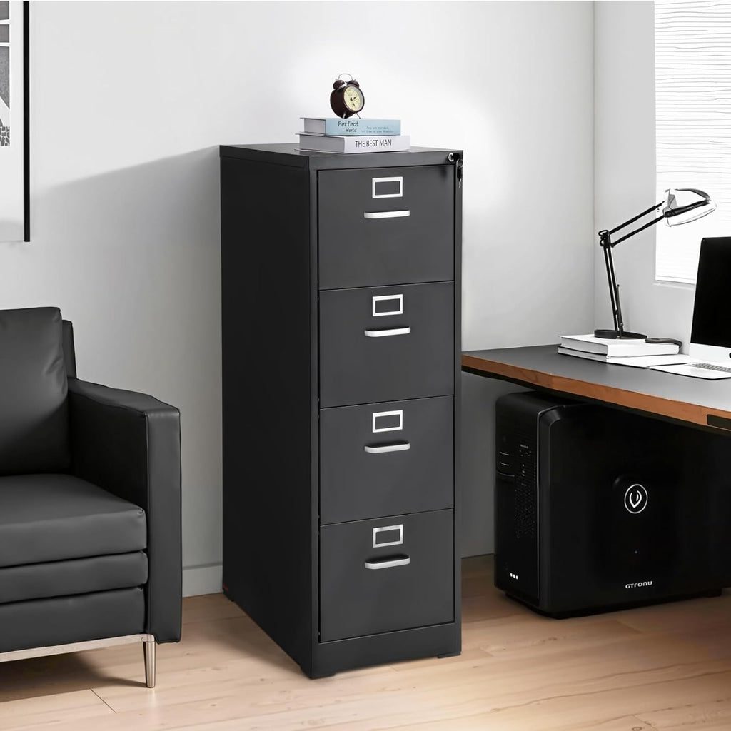 VEVOR 4 Drawer File Cabinet with Lock, Metal Vertical Filing Storage Cabinets for Home Office, Heavy-Duty Cabinet with Detachable Hanging Rod, for A4/Letter/Legal Size File, Easy Assembly (Black)