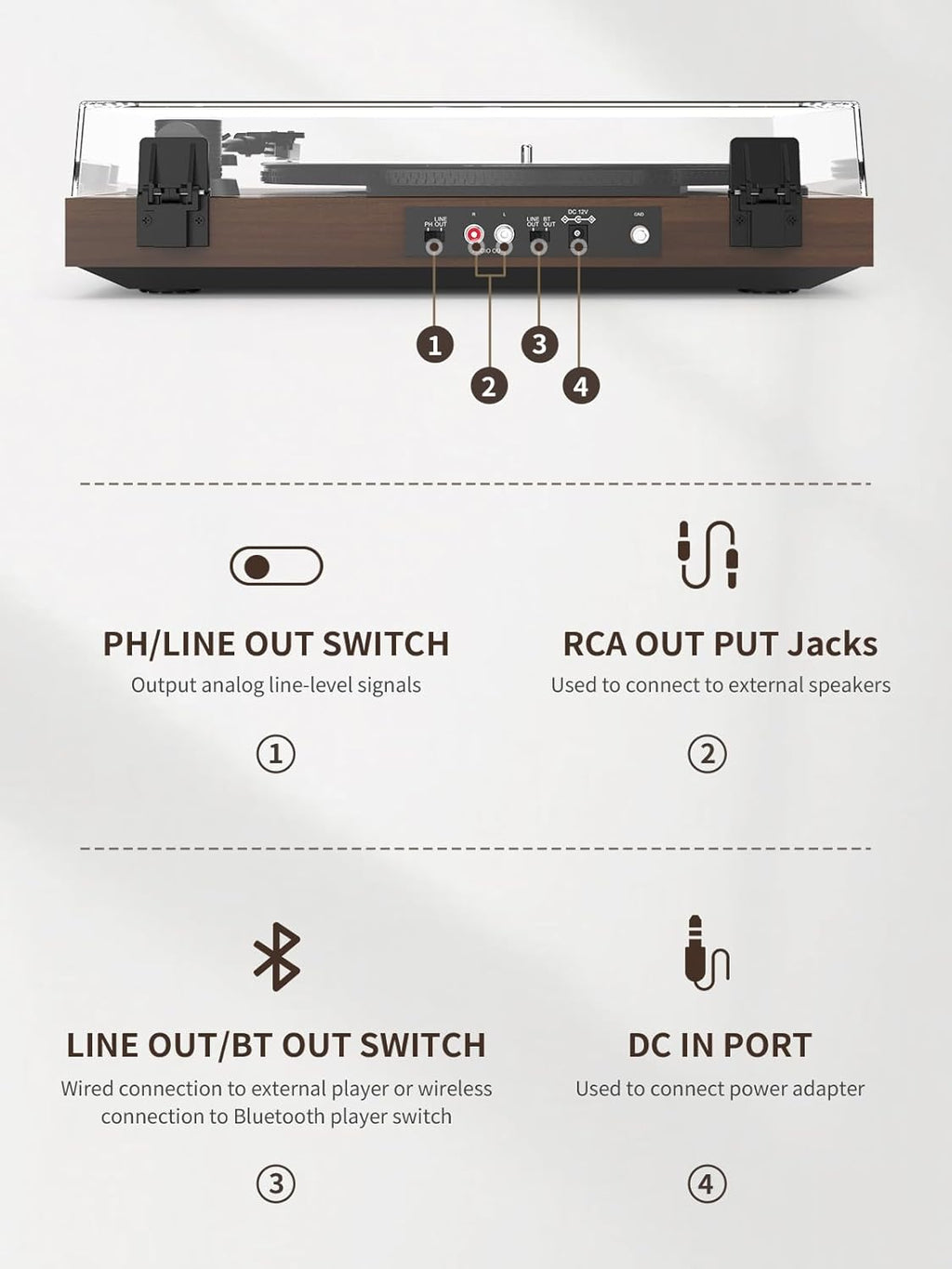 Vinyl Record Player Belt Drive 2-Speed Playback Turntable Bluetooth Wireless Output Connectivity Record Player with Magnetic Cartridge Built-in Phono Pre-amp