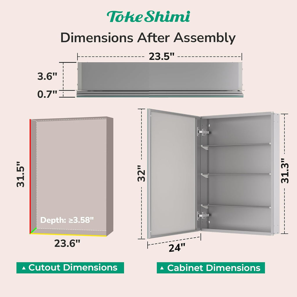 TokeShimi 24x32 Mirrored Medicine Cabinet Recessed or Wall Mount, Aluminum Tempered Silver Bathroom Medicine Cabinet with Mirror with Stepless Adjustable Storage Metal for Modern Farmhouse