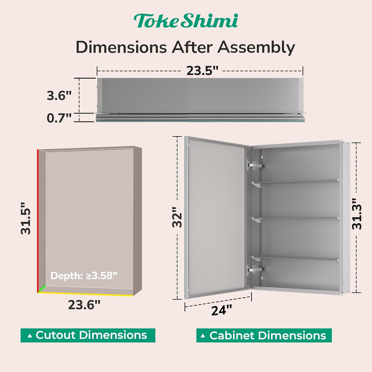 TokeShimi 24x32 Mirrored Medicine Cabinet Recessed or Wall Mount, Aluminum Tempered Silver Bathroom Medicine Cabinet with Mirror with Stepless Adjustable Storage Metal for Modern Farmhouse