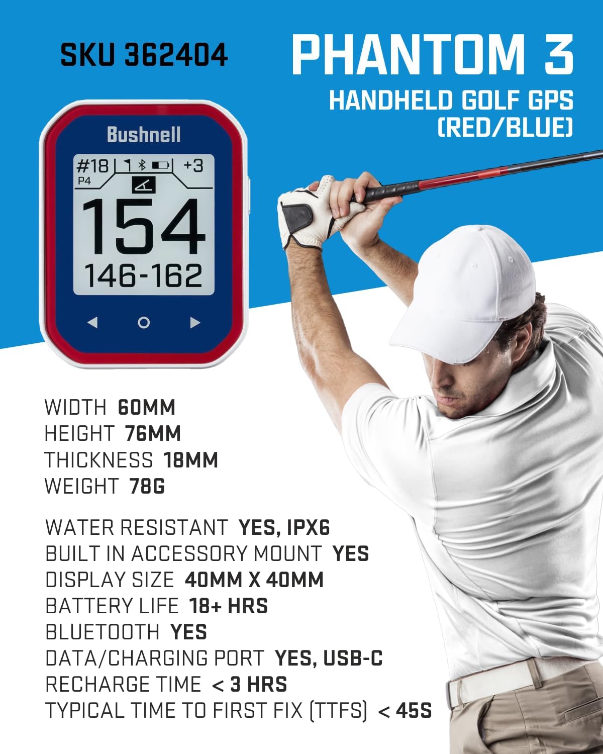 bushnellgolf Golf Phantom 3 Handheld Slope GPS, Touchscreen Display, Belt Clip & Carabiner, (Blue)