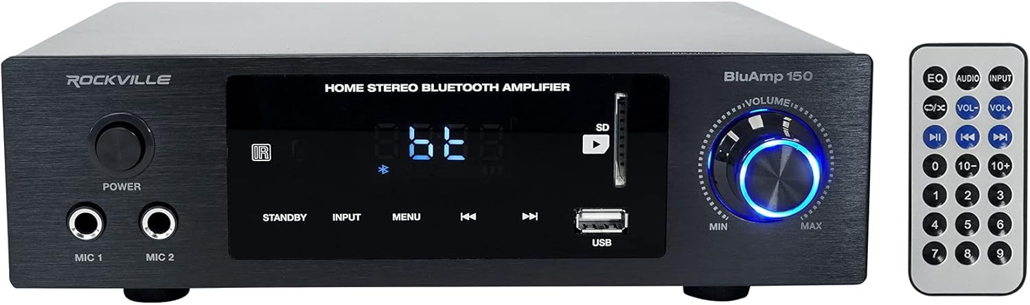 Rockville BLUAMP 150 Bundle: Home Stereo Bluetooth Amplifier Receiver Optical Phono RCA, (4) HC85 8 in 700-Watt in-Ceiling Home Theater Speakers 8 Ohm, 5-Items