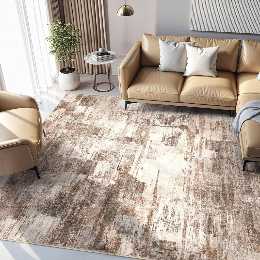 kakania 9x12 Washable Area Rug - Abstract Soft Non-Slip Modern Low-Pile Carpet for Living Room Bedroom Office Dorm, Kid Pet Safe Robot Vacuum Friendly - Brown