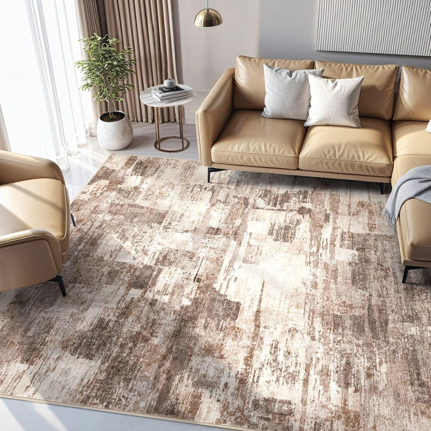 kakania 9x12 Washable Area Rug - Abstract Soft Non-Slip Modern Low-Pile Carpet for Living Room Bedroom Office Dorm, Kid Pet Safe Robot Vacuum Friendly - Brown