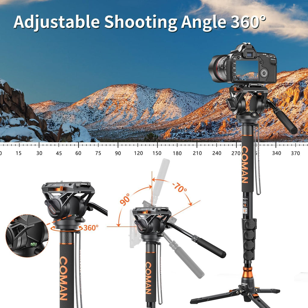 Monopod for Camera, COMAN Camera Monopod with Feet Q6 Fluid Head with Tripod Stand 71.25 inch Max Load 22 Lbs for Photography, Cameras, Canon, Nikon, Sony, DSLR, Video Camcorder