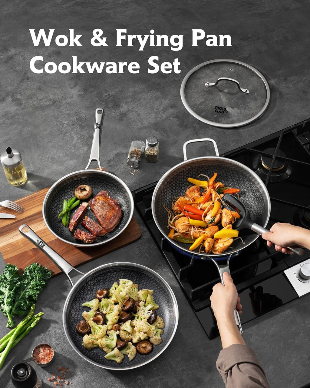 DOTCLAD 3-Piece Hybrid Stainless Steel Cookware Set-12 Inch Wok with Lid,10 Inch Frying Pan,12 Inch Skillet with Lid-Non Stick,PFOA Free,Dishwasher&Oven Safe,Induction Compatible,Cookware Set.