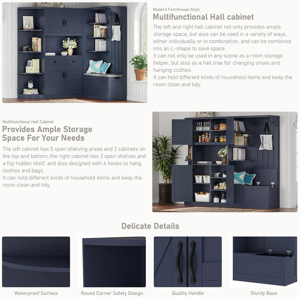 LUMISOL Wide Hall Tree with Storage and 4 Hooks, Left-Right Combination Hall Cabinet, Can Be Used Separately, Entryway Storage Cabinet with Bench, for Living Room Kitchen, Antique Blue