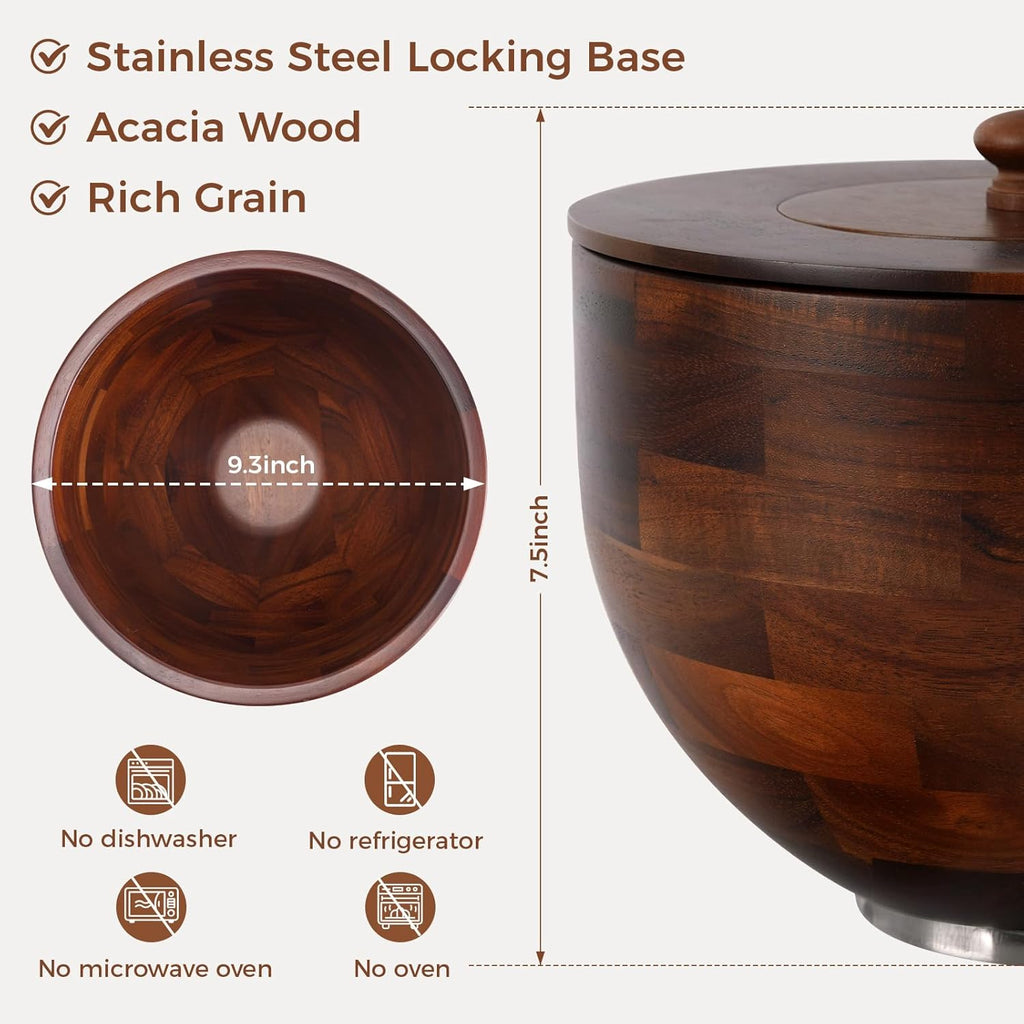 Wood Mixing Bowl Compatible with 4.5-5 Qt Tilt-Head Stand Mixers with Lid Cover - Natural True Acacia Wooden Bowls, 5 Quart Kitchen Aid Bowls for Mixer with Stainless Steel Locking Base.