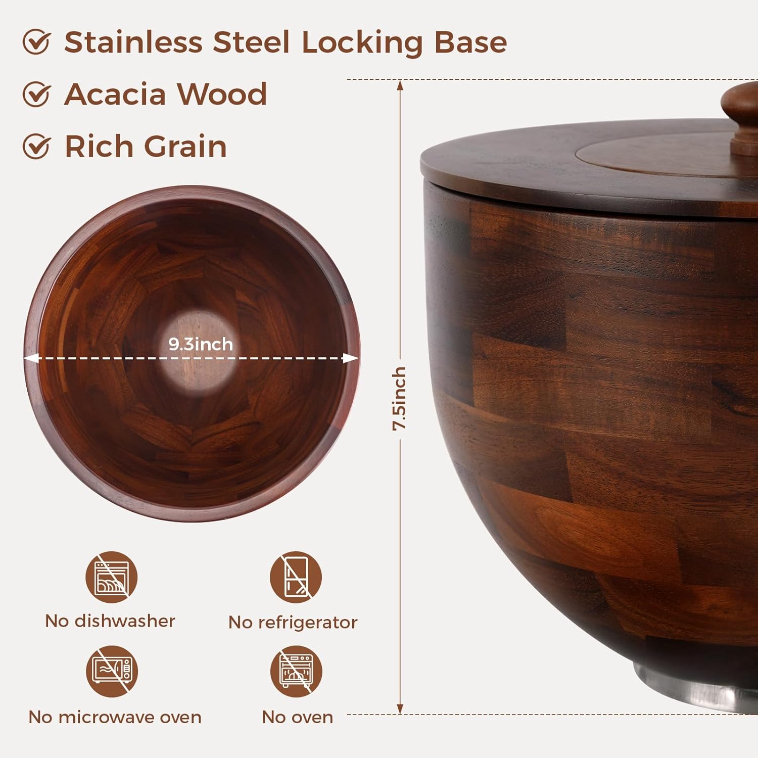 Wood Mixing Bowl Compatible with 4.5-5 Qt Tilt-Head Stand Mixers with Lid Cover - Natural True Acacia Wooden Bowls, 5 Quart Kitchen Aid Bowls for Mixer with Stainless Steel Locking Base.