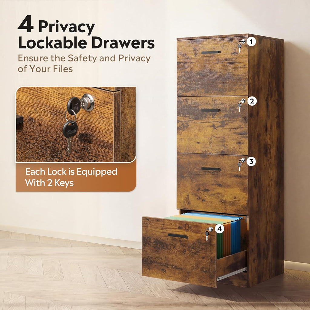 DEVAISE 4 Drawer Vertical File Cabinet, Wood Filing Cabinet with Lock, Home Office File Storage Cabinet for Letter and A4 Size, Printer Stand, Rustic Brown