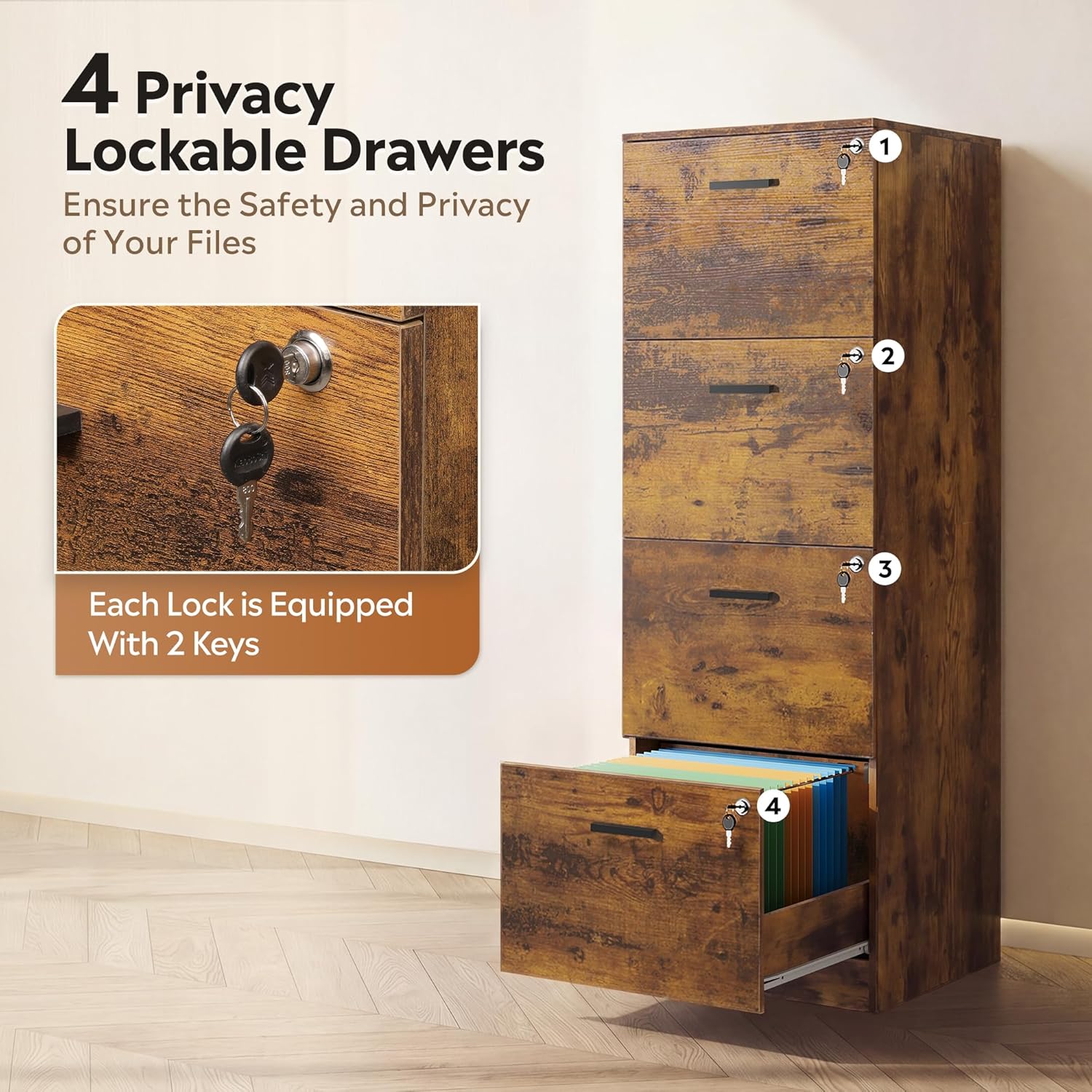 DEVAISE 4 Drawer Vertical File Cabinet, Wood Filing Cabinet with Lock, Home Office File Storage Cabinet for Letter and A4 Size, Printer Stand, Rustic Brown