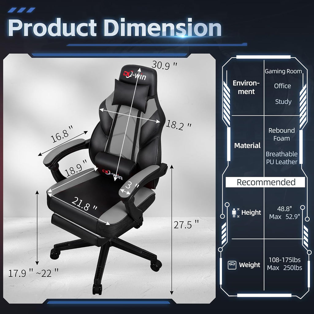 DL-win Gaming Chairs for Adults, Computer Chair with Footrest and High Back, Big and Tall Gamer Chair's with Massage Lumbar Support, 360° Swivel Height Adjustable Gaming Chair, Grey