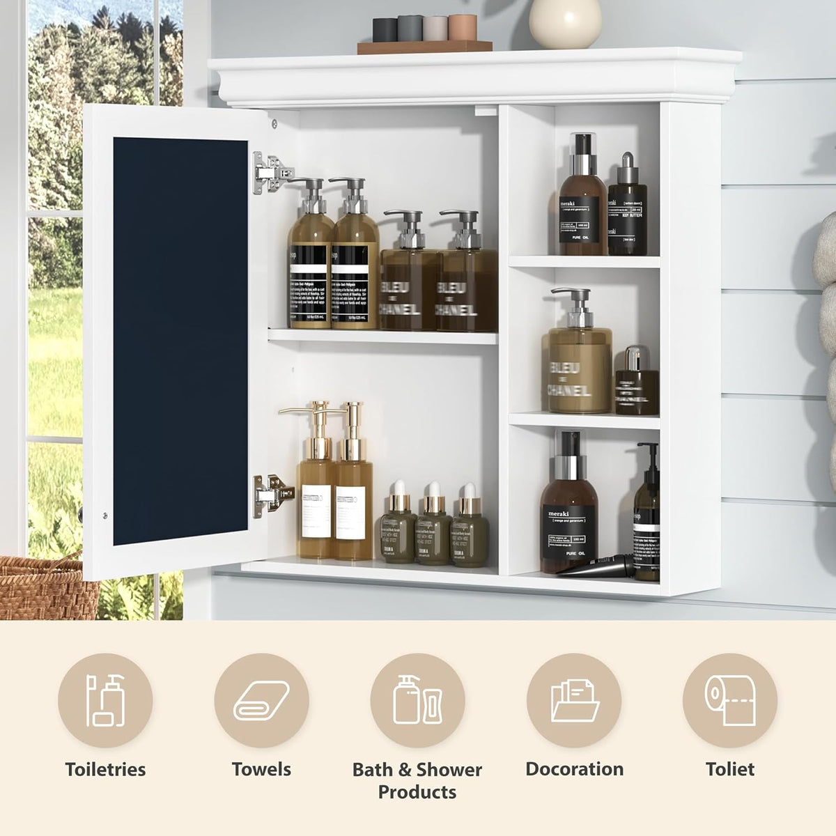 Merax Modern Bathroom Medicine Cabinet with Mirror, 30" x 28" Wall Mounted White Medicine Cabinet with Storage and Open Shelves,Over The Toilet Mirrored Bathroom Storage Wall Cabinet