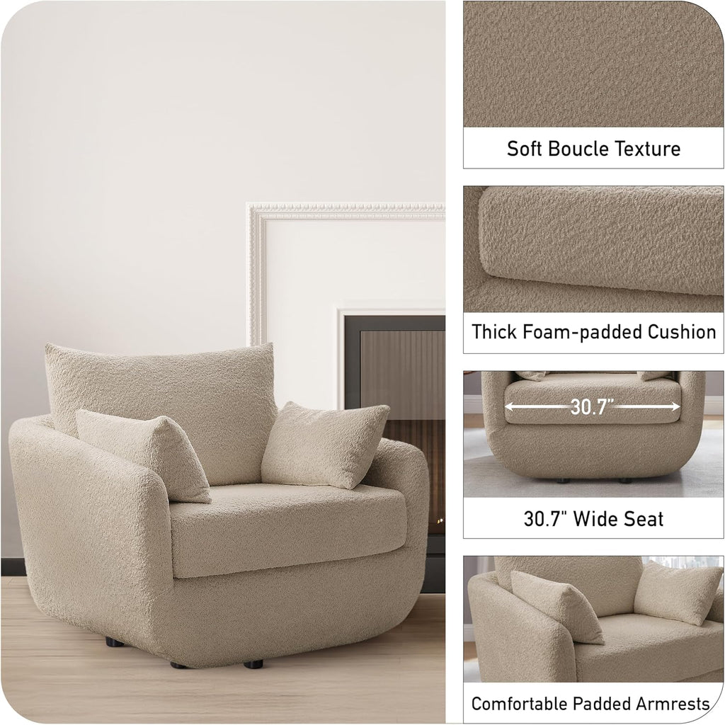 360° Swivel Accent Armchair, 39.3" Oversized, Sherpa Boucle Fabric Sofa Chair with Removable Back & Arm Pillows, Swivel Chair with Cozy Soft Padded (1, Camel)
