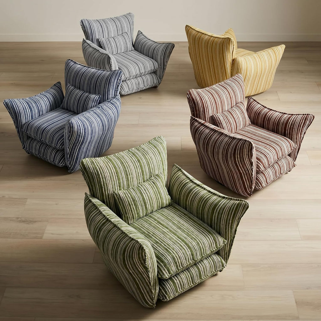 Chenille Accent Chair with Lumbar Pillow, Green Stripe, Wide Armrests, Deep Seat, 7 Inch High-Density Foam, 350 lbs Capacity