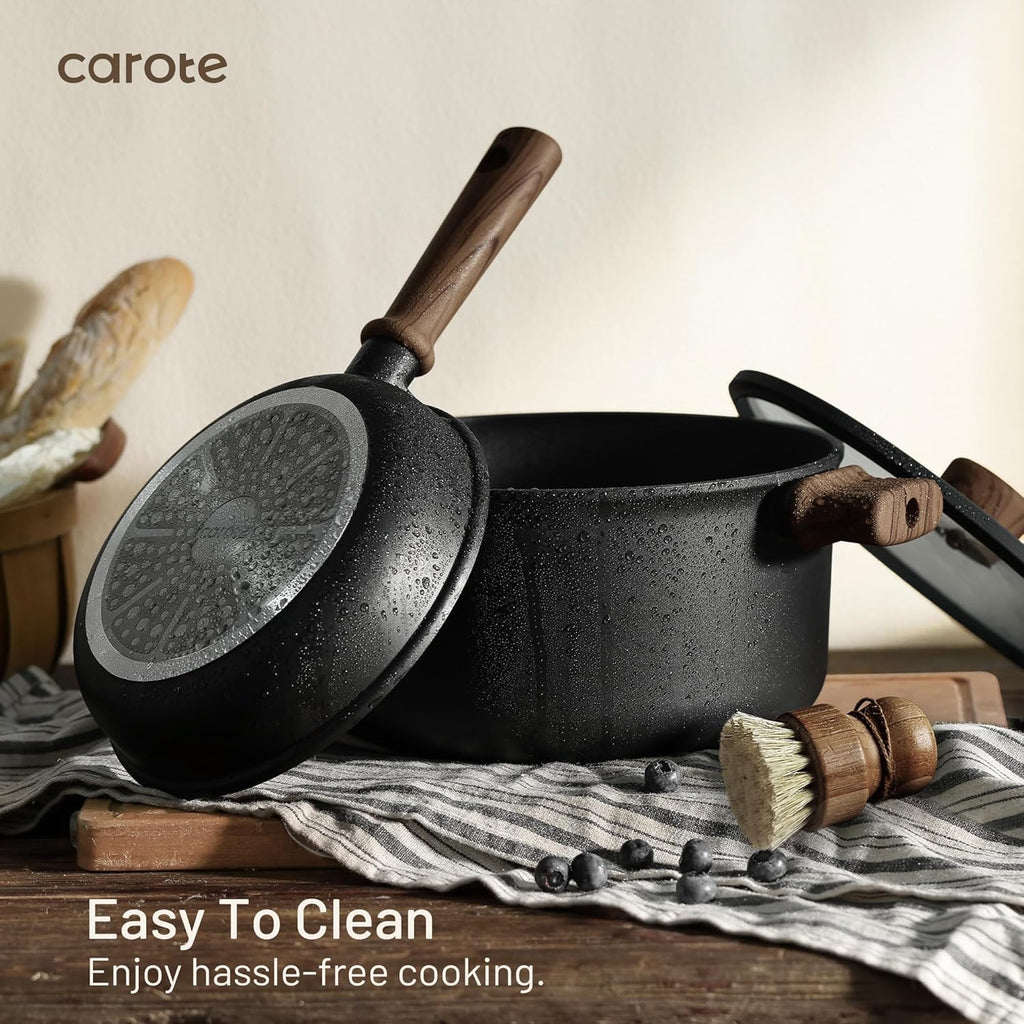CAROTE 24Pcs Nonstick Kitchen Titanium Cookware Sets, Non stick Pots and Pans set, Induction Cookware Set Black