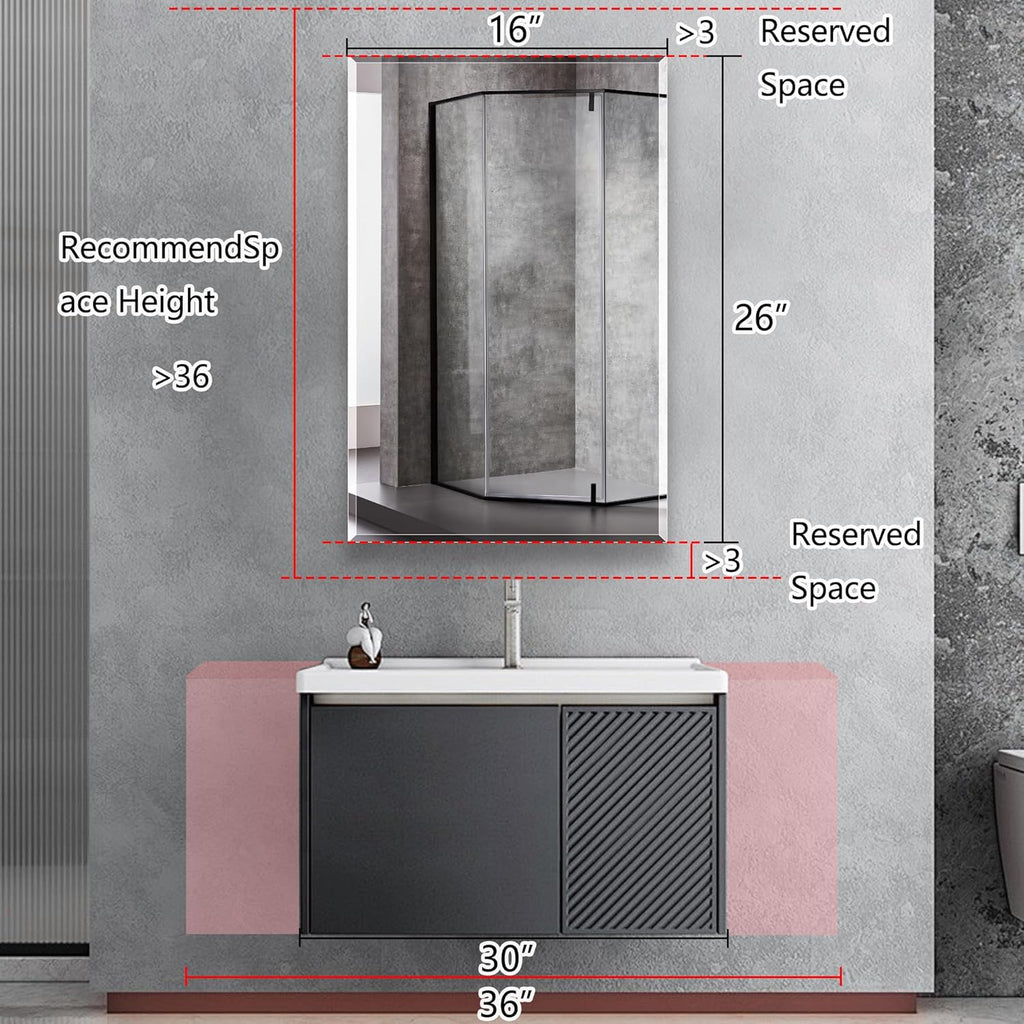 Bathroom Medicine Cabinet with 16x26 in Rectangular Beveled Frameless Mirror,Wall Mounted Mirror Cabinet for Bathroom Toilet Kitchen,Recess or Surface Mount,Already Assembly