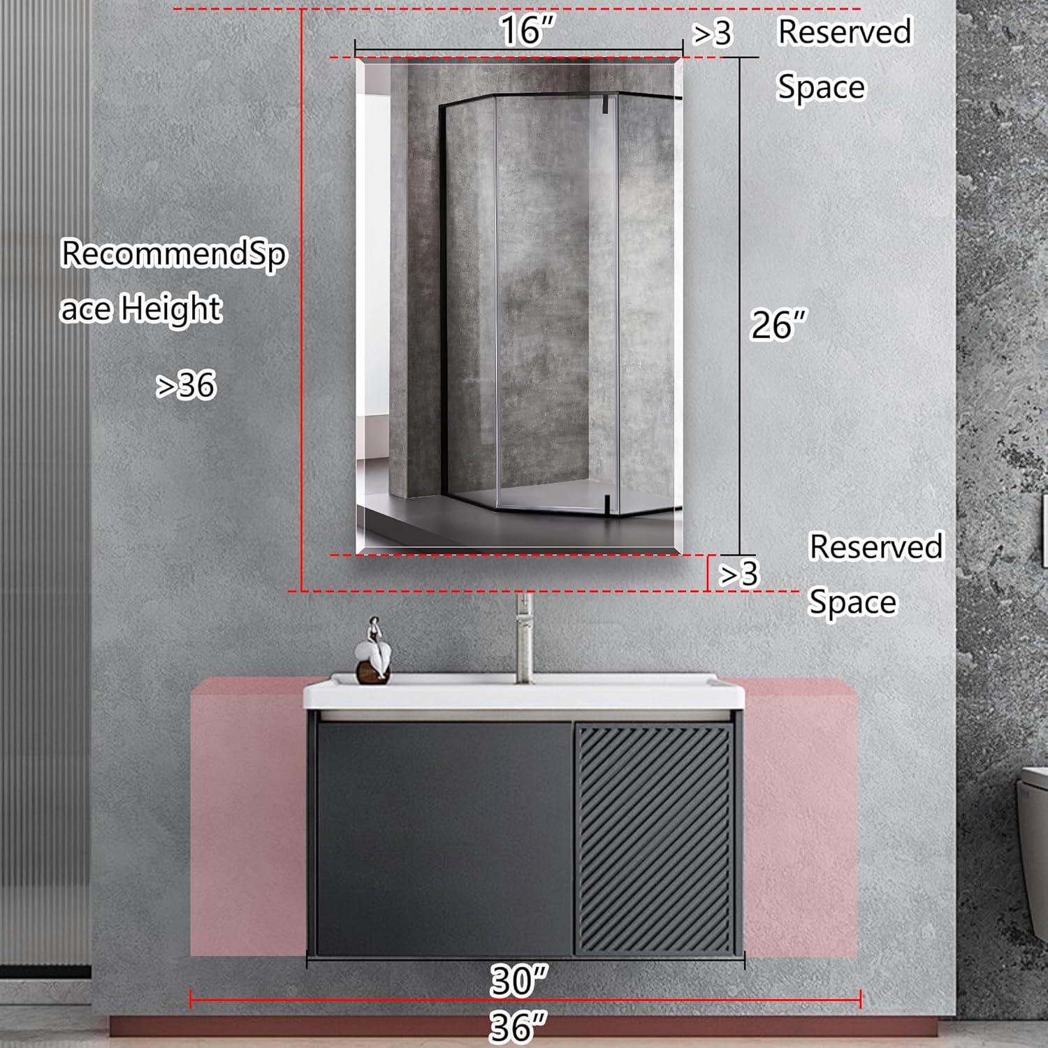 Bathroom Medicine Cabinet with 16x26 in Rectangular Beveled Frameless Mirror,Wall Mounted Mirror Cabinet for Bathroom Toilet Kitchen,Recess or Surface Mount,Already Assembly
