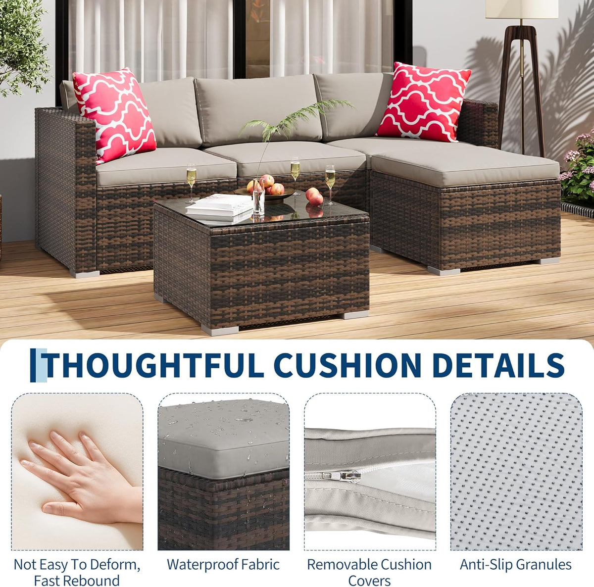 GAOMON 5-Piece All-Weather Patio Furniture Set, Convertible Outdoor Sectional Sofa with Ottoman & Tempered Glass Table, PE Rattan Conversation Set for Garden, Backyard, Porch, Poolside