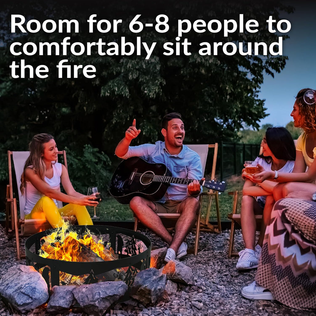 Sunnydaze 36-Inch Outdoor Fire Ring - Portable Metal Fire Pit Ring for Camping or Backyard - 360-Degree Wildlife Cutouts - Forest Wilderness