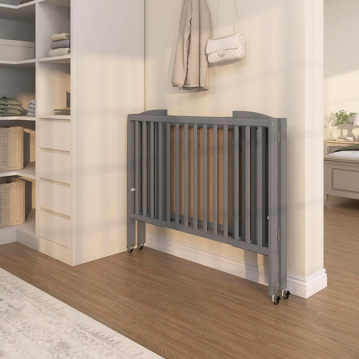 Dream On Me Full-Size 2-in-1 Folding Baby Crib in Steel Grey, GreenGuard Gold & JPMA, Portable, Patented Quick Folding System, Strong Wheels, 2 Adjustable Mattress Heights