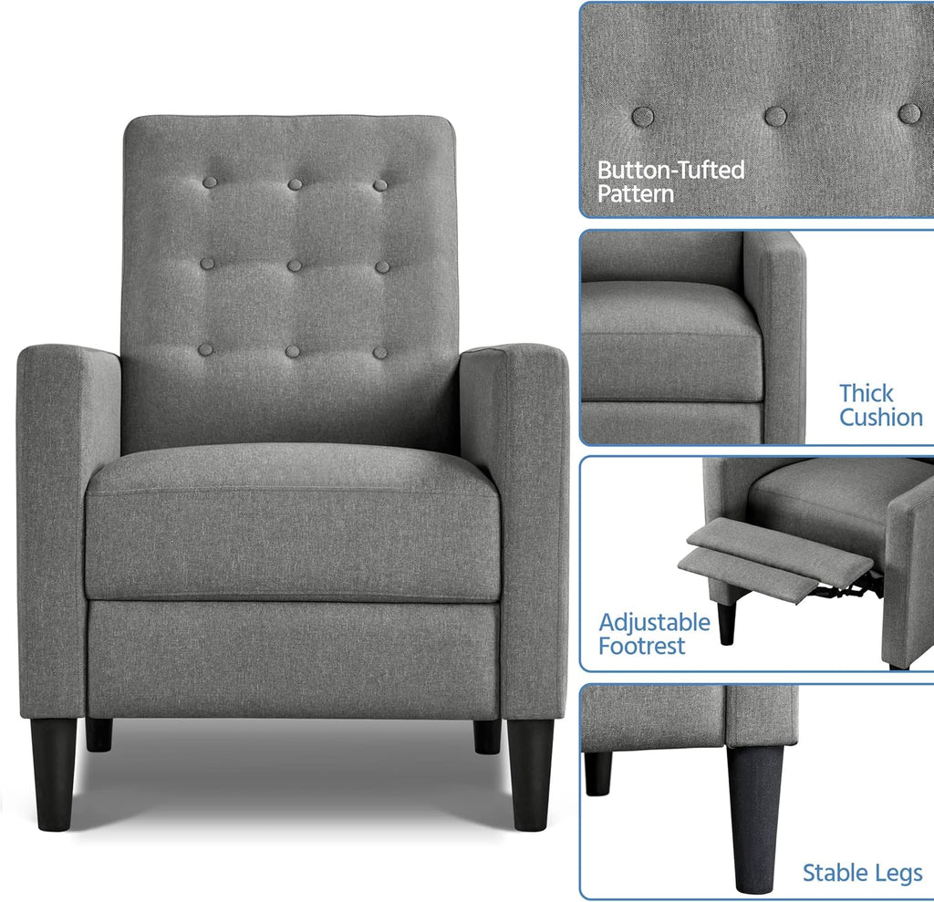 Yaheetech Fabric Recliner Chair Mid-Century Modern Recliner Adjustable Single Recliner Sofa with Thicker Seat Cushion Tufted Upholstered Sofa with Pocket Spring for Living Room Bedroom Gray Set of 2