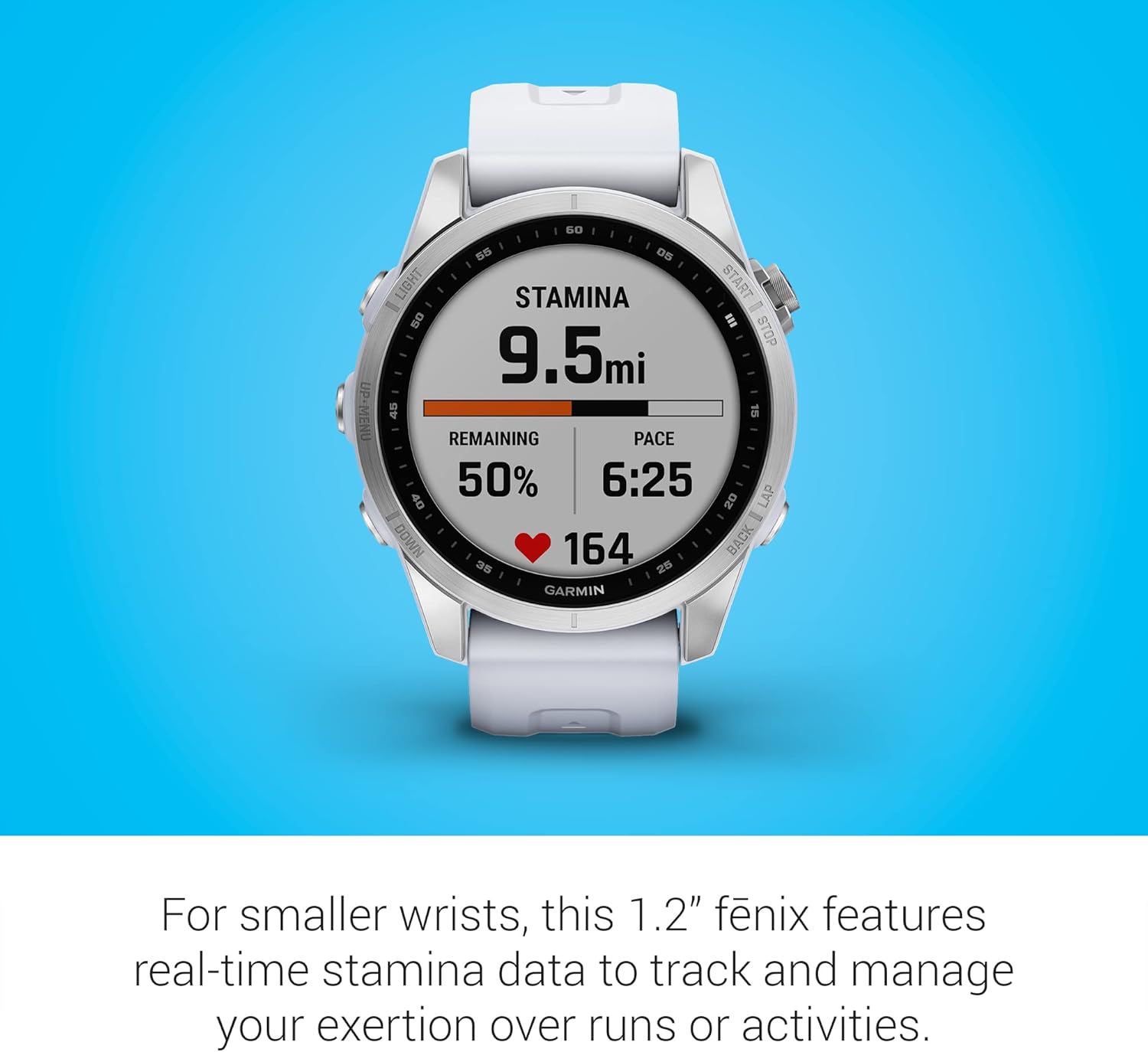Garmin fenix 7S, Smaller sized adventure smartwatch, rugged outdoor watch with GPS, touchscreen, health and wellness features, silver with whitestone band (Renewed)