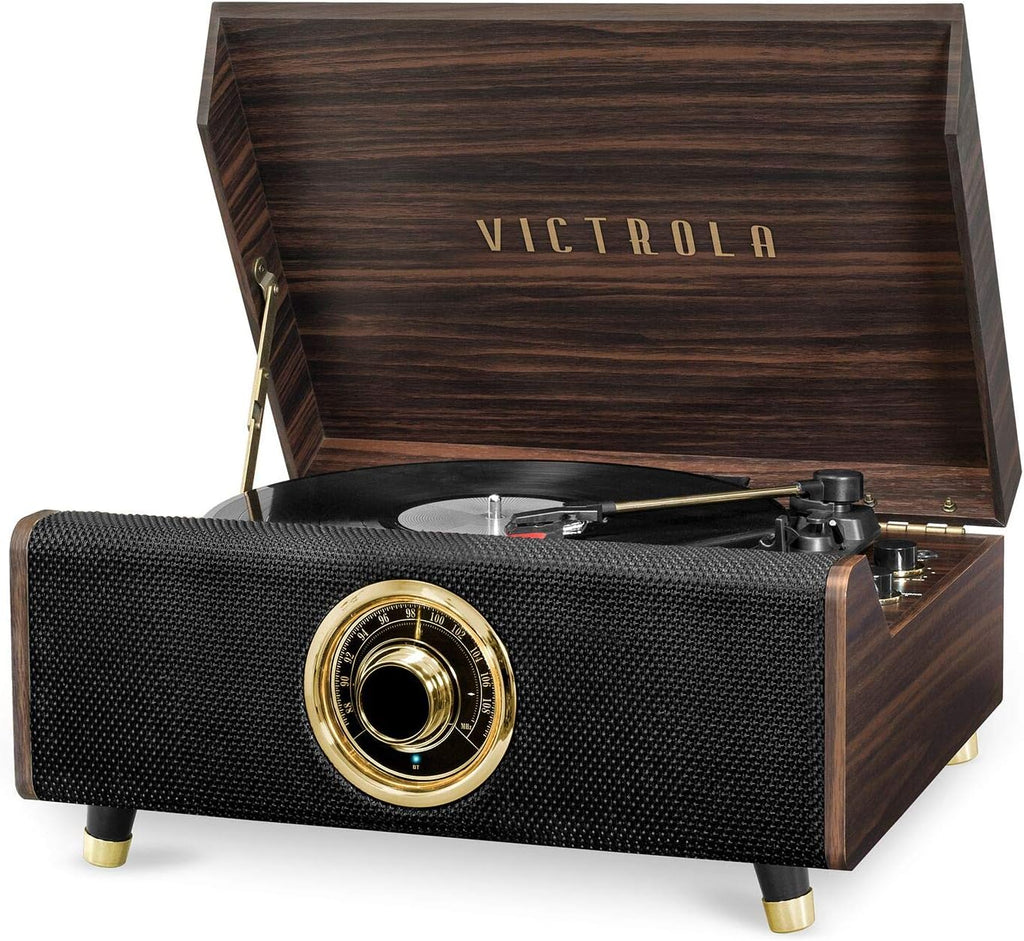 Victrola Highland 4-in-1 Bluetooth Record Player with Speakers – 3-Speed Vinyl Record Player, FM Radio & 3.5mm Aux, Wireless Music Streaming (Espresso)