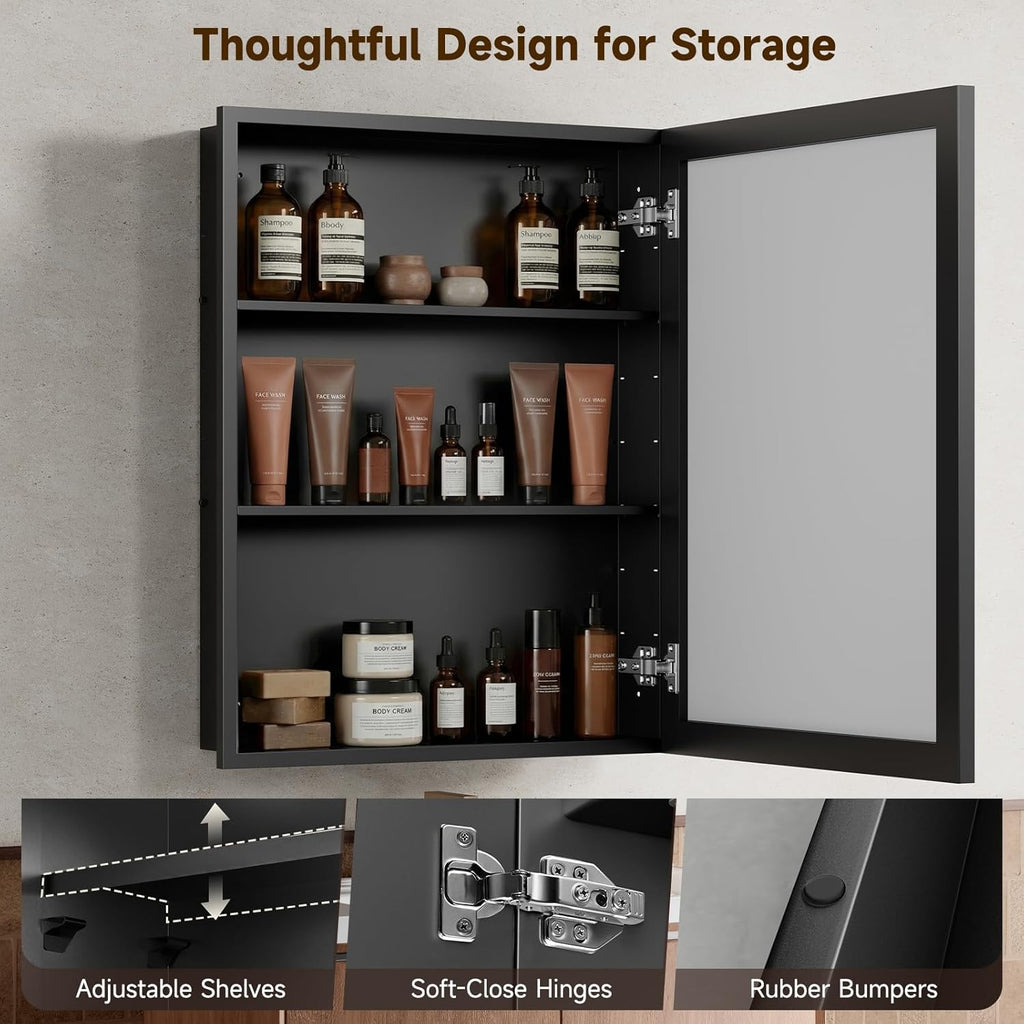 14"x24"Black Medicine Cabinets for Bathroom with Mirror, Aluminum Alloy Framed Mirror, Recessed(12.85"x22.85")or Surface Wall-Mounted(14"x24") Metal Bathroom Vanity Mirror with Storage Cabinet